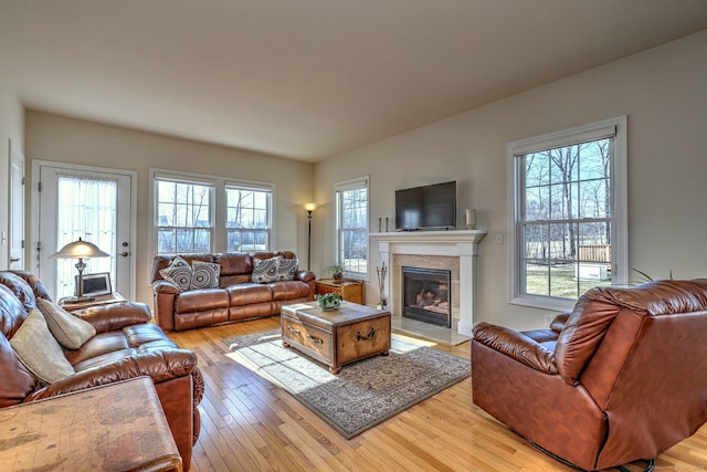 living room with a fireplace and light wood finished floors