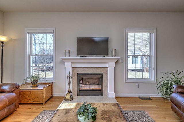 living area with a wealth of natural light, a fireplace, and wood finished floors