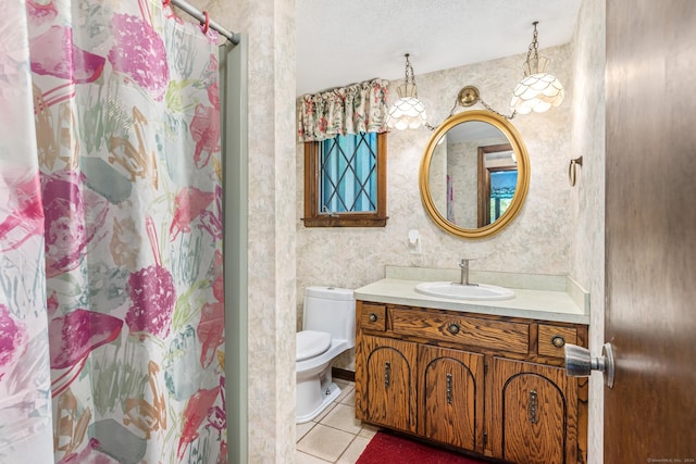 bathroom with tile patterned flooring, curtained shower, wallpapered walls, toilet, and vanity