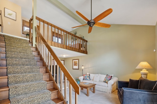 stairs featuring a high ceiling, ceiling fan, and carpet floors