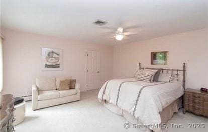 carpeted bedroom with visible vents and ceiling fan