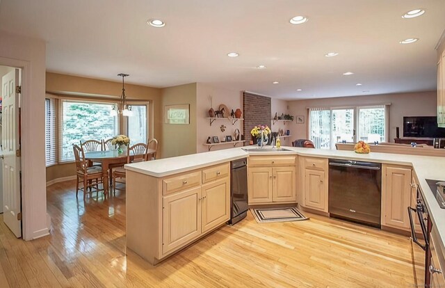 7 Canterbury Ln, Monroe, CT 06468 - kitchen featuring dishwashing machine, recessed lighting, light wood-style flooring, light countertops, and decorative light fixtures