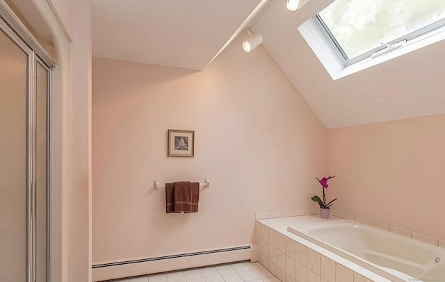 7 Canterbury Ln, Monroe, CT 06468 - bathroom featuring a baseboard heating unit, a bath, a skylight, lofted ceiling, and tile patterned floors