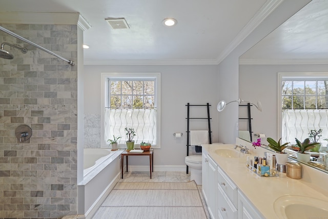 full bath with visible vents, crown molding, a garden tub, double vanity, and a tile shower