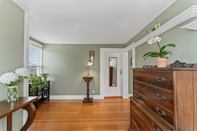 living area featuring baseboards and light wood-style floors