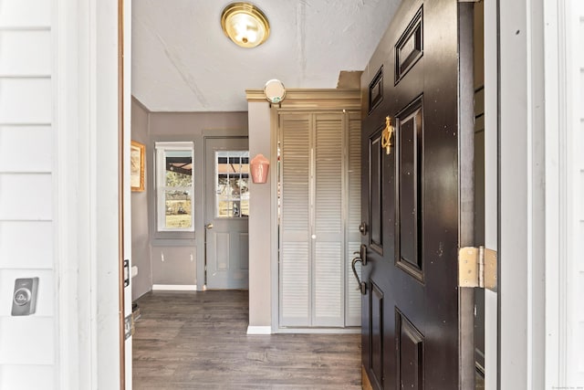 entryway featuring dark wood finished floors, a textured ceiling, and baseboards