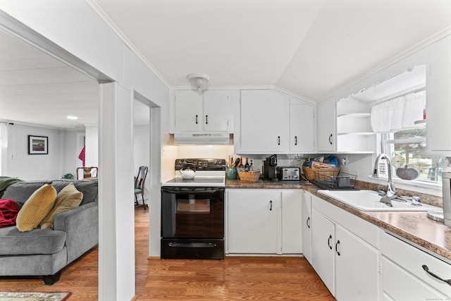 kitchen featuring electric range, light wood-style flooring, ornamental molding, under cabinet range hood, and a sink