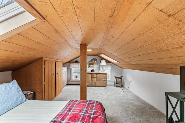 unfurnished bedroom with carpet floors, wood ceiling, baseboard heating, and lofted ceiling