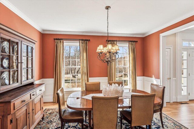 dining space featuring light wood-style flooring, plenty of natural light, and wainscoting