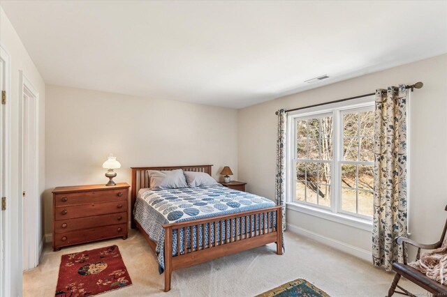 bedroom with visible vents, baseboards, and carpet