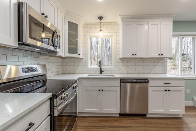 kitchen featuring a sink, stainless steel appliances, dark wood-type flooring, white cabinets, and backsplash