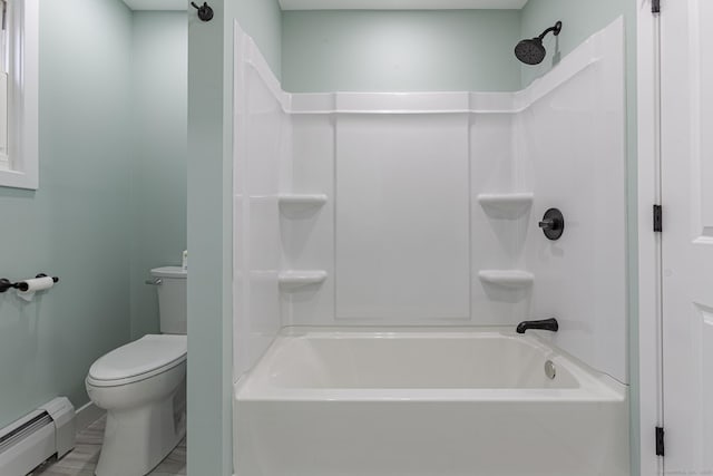 bathroom with toilet, shower / bathtub combination, and baseboard heating