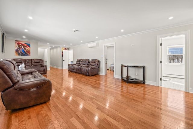 living room featuring light wood-type flooring, a wall unit AC, baseboard heating, and recessed lighting