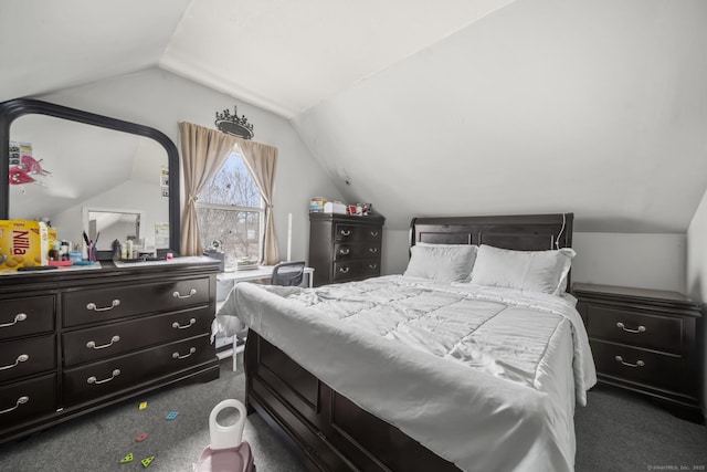 bedroom featuring vaulted ceiling and dark colored carpet