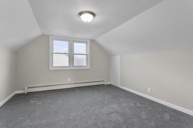 bonus room featuring carpet floors, a baseboard radiator, vaulted ceiling, and baseboards