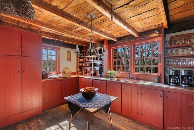 kitchen featuring beamed ceiling, pendant lighting, hardwood / wood-style floors, wooden ceiling, and a sink