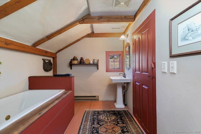 bathroom featuring lofted ceiling with beams, a baseboard heating unit, a sink, and a washtub