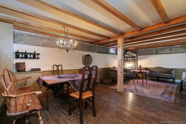 dining space featuring beamed ceiling and wood finished floors