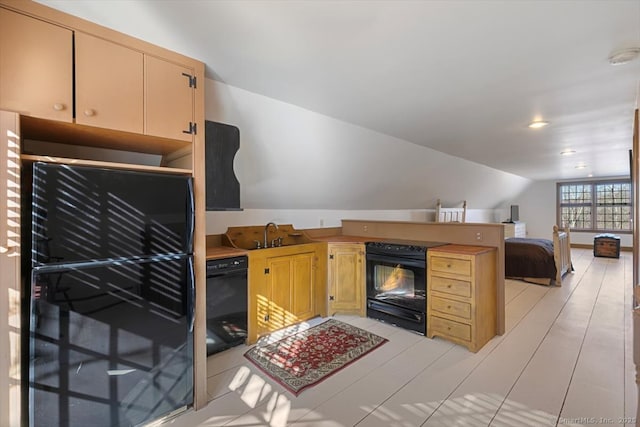 kitchen with black range with electric cooktop, dishwasher, light countertops, lofted ceiling, and a peninsula