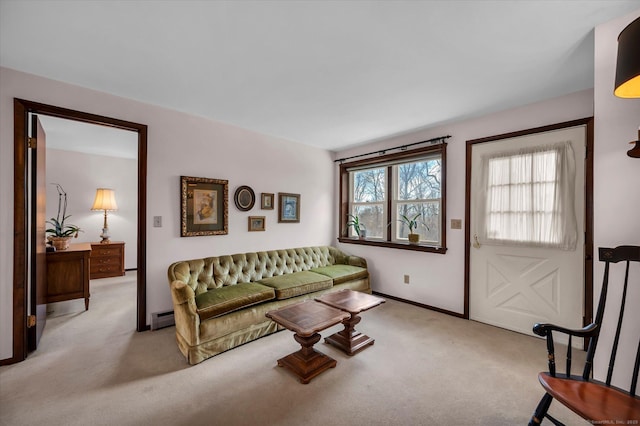 living area featuring a baseboard radiator, light colored carpet, and baseboards