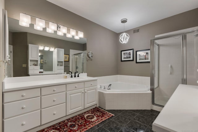 bathroom featuring a stall shower, visible vents, tile patterned flooring, vanity, and a bath