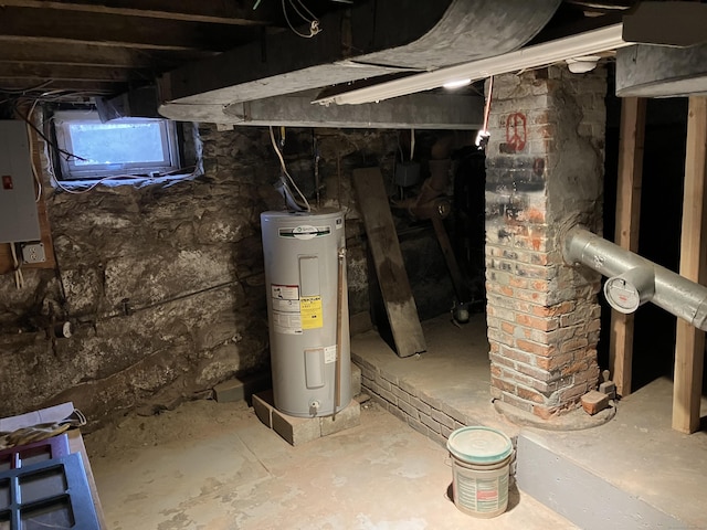 below grade area featuring electric panel and water heater