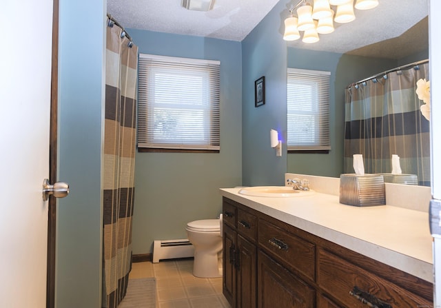 bathroom with toilet, curtained shower, baseboard heating, a textured ceiling, and vanity