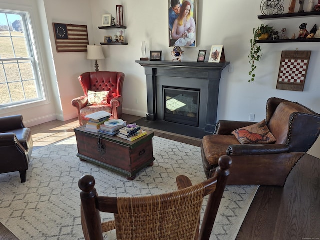 living area featuring baseboards, a fireplace with flush hearth, and wood finished floors