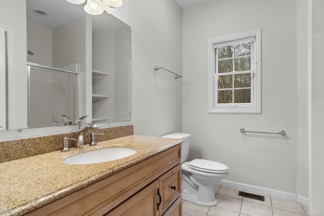 full bath featuring visible vents, toilet, tile patterned flooring, vanity, and a shower stall