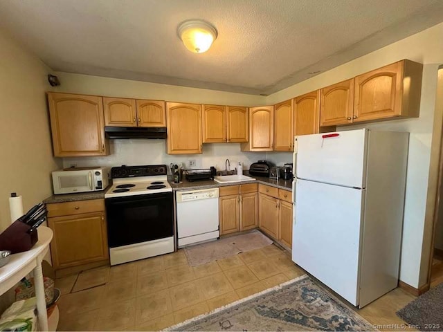 kitchen featuring under cabinet range hood, white appliances, light brown cabinets, and a sink