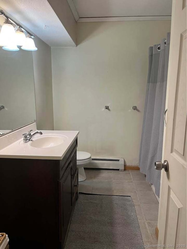 bathroom with tile patterned floors, toilet, a baseboard heating unit, a shower with shower curtain, and vanity