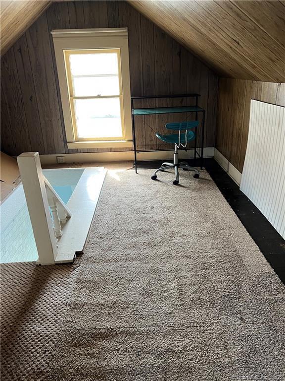 bonus room featuring lofted ceiling, wooden walls, and carpet floors