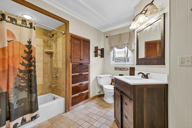 full bath featuring crown molding, toilet, shower / bath combo, vanity, and tile patterned floors