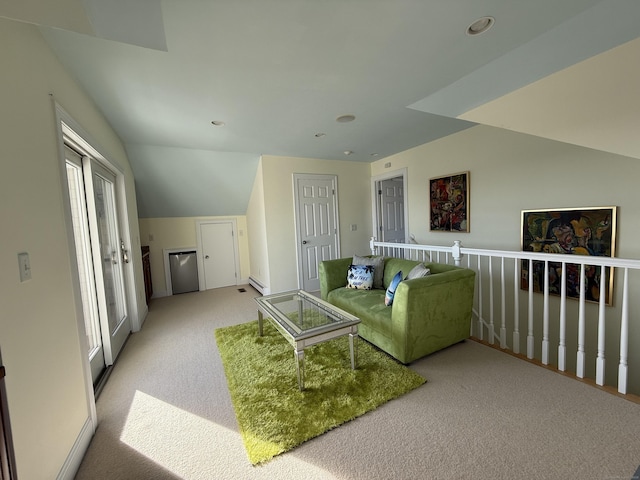 living room with lofted ceiling, light carpet, baseboard heating, and recessed lighting