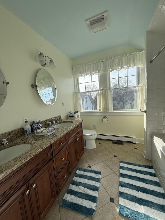 full bathroom with lofted ceiling, a baseboard radiator, tile patterned flooring, toilet, and visible vents