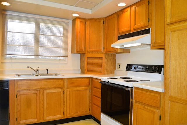 kitchen featuring under cabinet range hood, a sink, black dishwasher, light countertops, and white range with electric cooktop