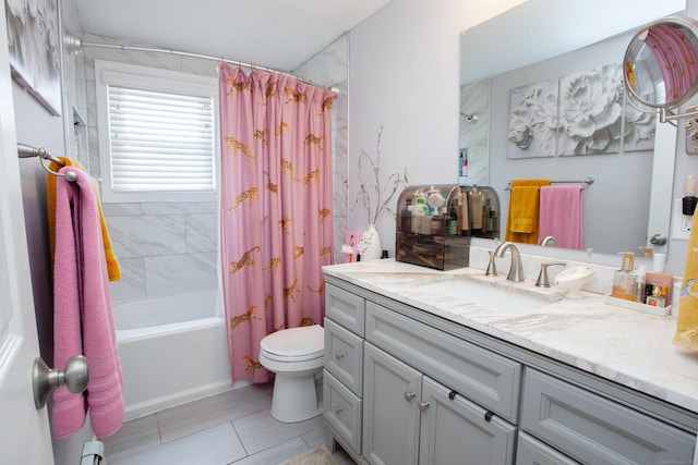 bathroom with shower / bath combo, tile patterned flooring, vanity, and toilet