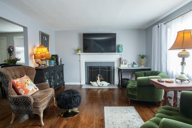 living area with a healthy amount of sunlight, a fireplace with flush hearth, a textured ceiling, and wood finished floors