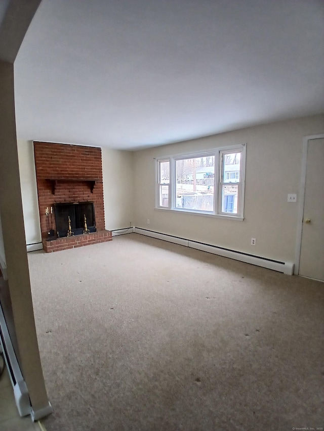 unfurnished living room featuring a baseboard heating unit, carpet floors, a baseboard radiator, and a brick fireplace