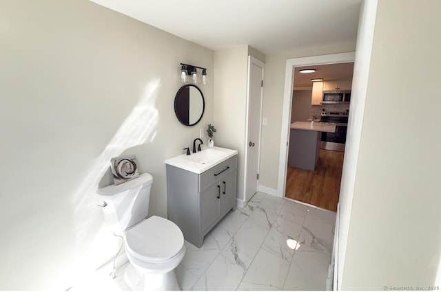 bathroom with baseboards, toilet, decorative backsplash, marble finish floor, and vanity