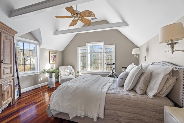 bedroom featuring multiple windows, baseboards, dark wood-style flooring, and vaulted ceiling with beams