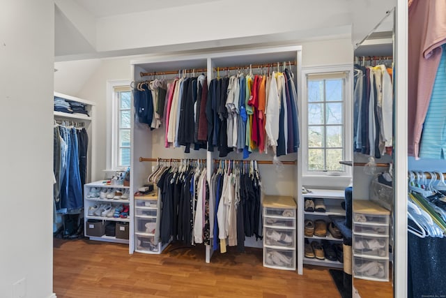 walk in closet with wood finished floors