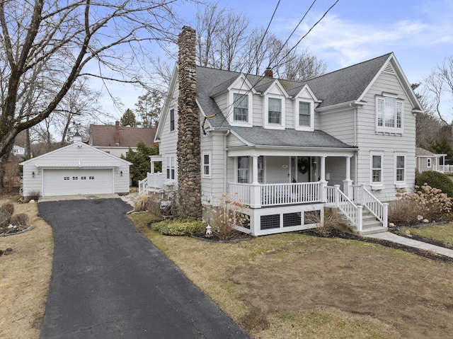 view of front of home featuring an outbuilding, roof with shingles, covered porch, a chimney, and a detached garage