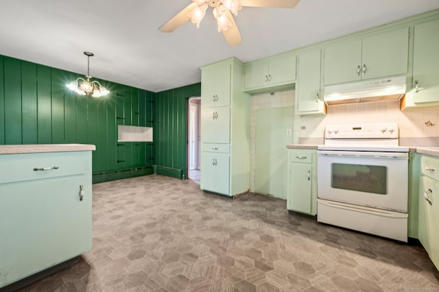 kitchen featuring green cabinetry, decorative backsplash, light countertops, under cabinet range hood, and white electric range