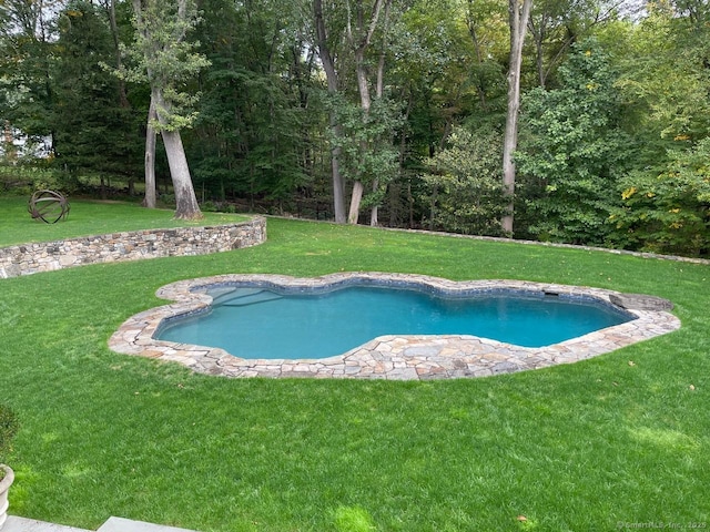 view of swimming pool featuring a yard