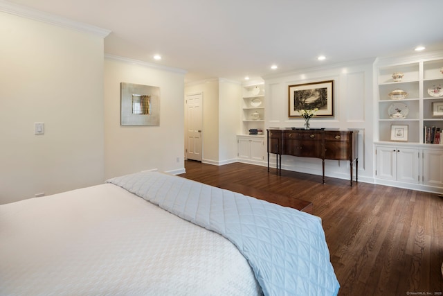 bedroom with ornamental molding, recessed lighting, dark wood-style flooring, and baseboards