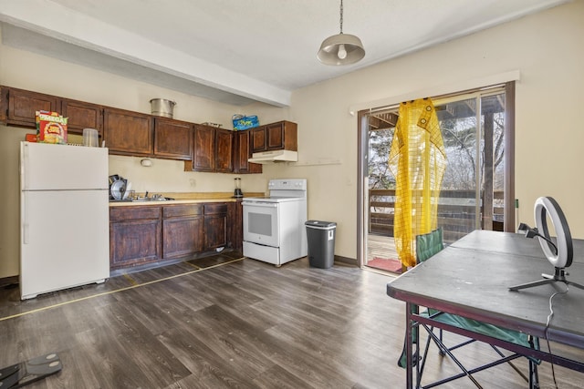 kitchen featuring light countertops, dark wood-type flooring, white appliances, beamed ceiling, and under cabinet range hood