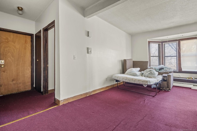 living area with lofted ceiling with beams, a textured ceiling, a baseboard heating unit, carpet floors, and baseboards