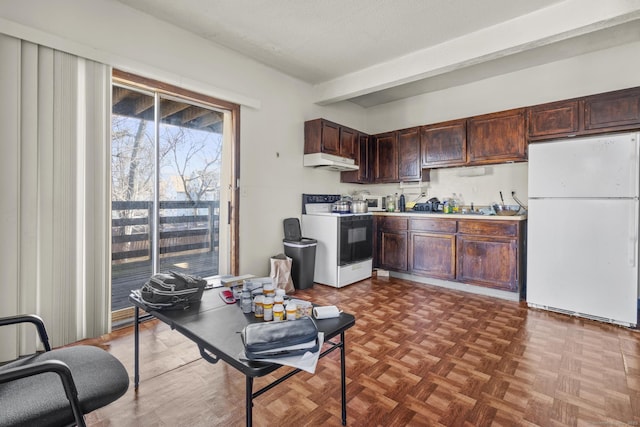 kitchen with beam ceiling, electric stove, freestanding refrigerator, dark brown cabinets, and under cabinet range hood