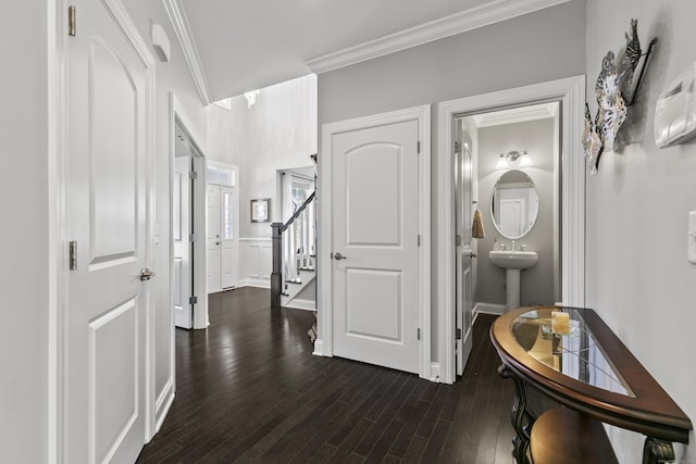 corridor featuring stairs, dark wood finished floors, and crown molding